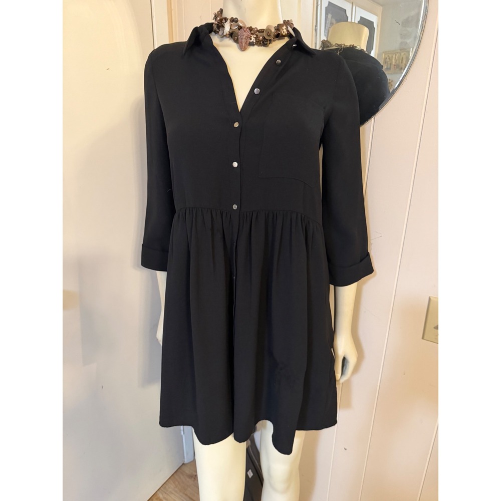 River Island Womens Black Button Down Empire Waist Mini Shirt Dress Size 6